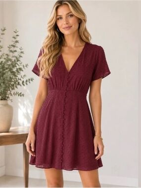 NWT Madewell Swiss Dot Swing Dress Button Front 00 Deep Red V Neck
